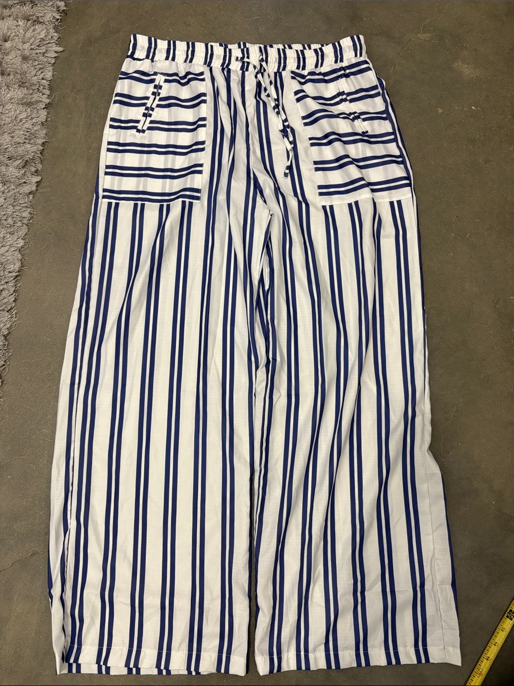 Wide Leg Striped Pull-On Pants - White & Navy
